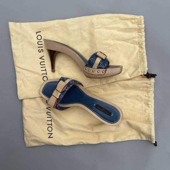 LOUIS VUITTOM Blue Monogram Denim Bow Platform Slide Mules, Size 37.5 US 7 - Picture 2 of 13
